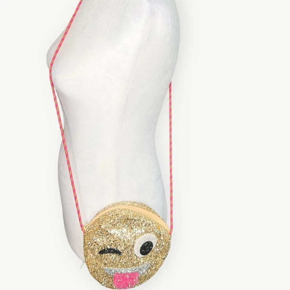 Crewcuts Girls Kids Sparkly Tongue Out Emoji Crossbody Zip Purse.